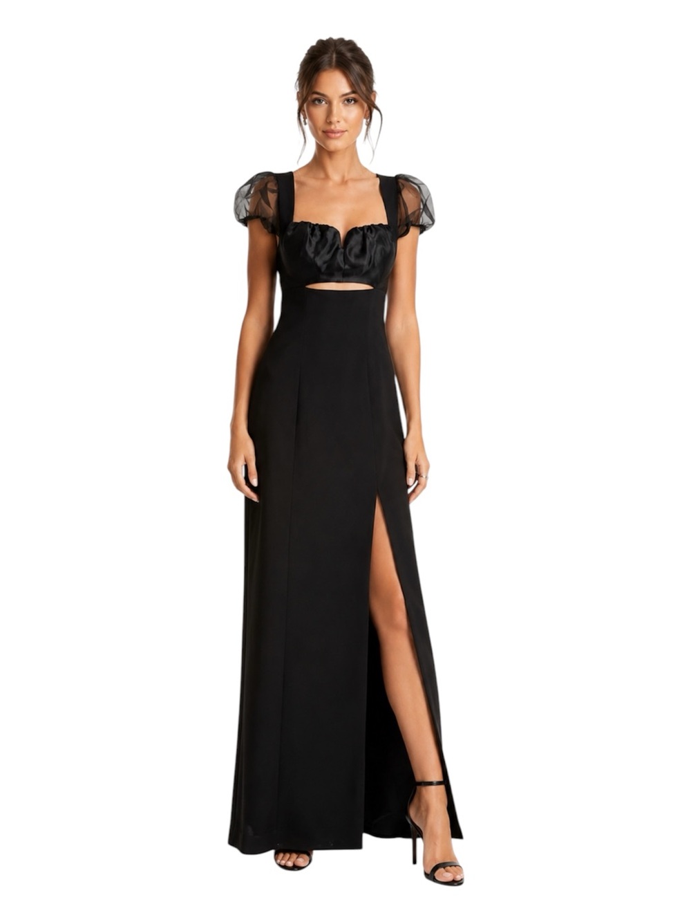 Likely Julie Black Square Neck Cutout Maxi Gown XS 2 Sheer Cap Sleeve Slit